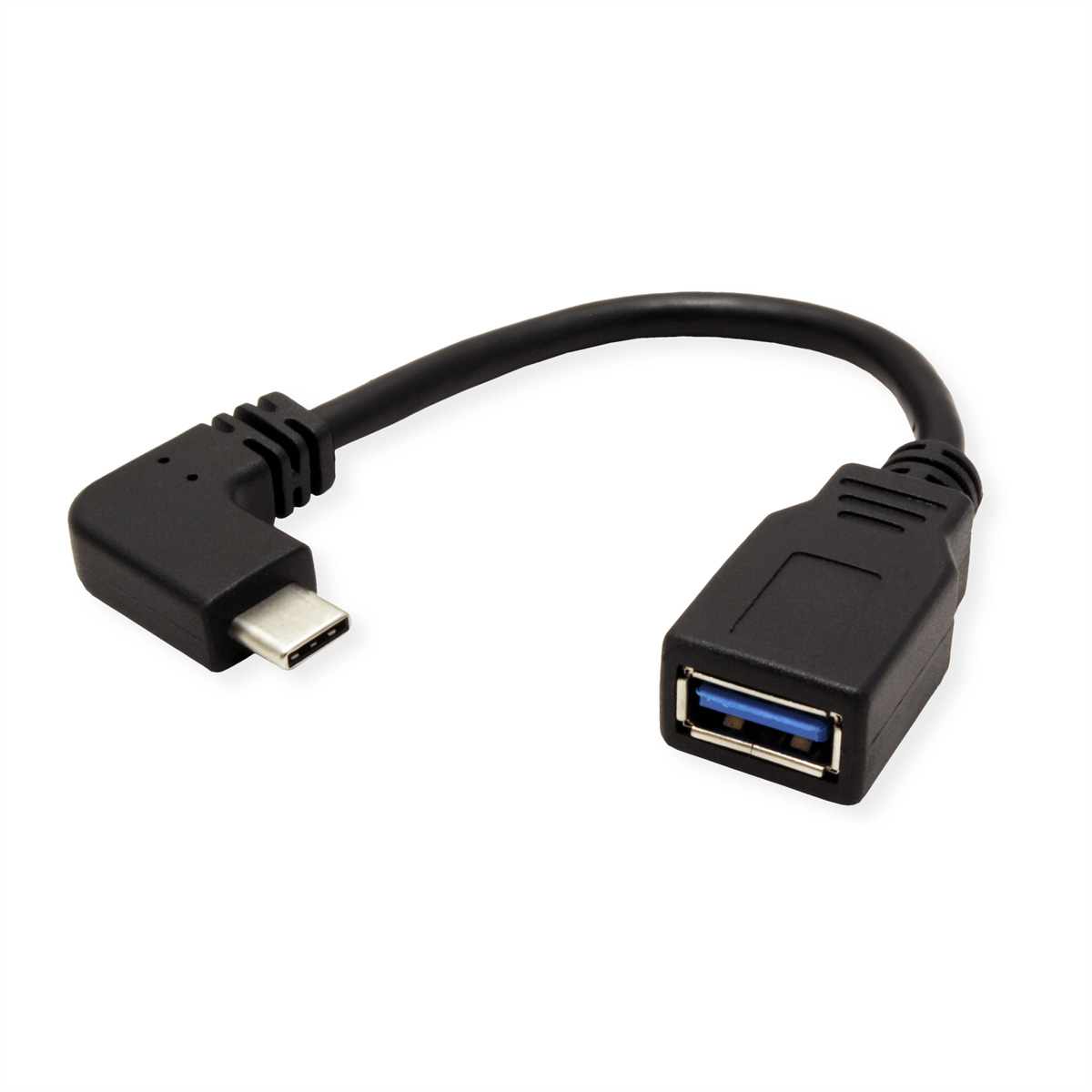 Black USB-C to USB adapter cable with an angled USB-C connector and USB port.