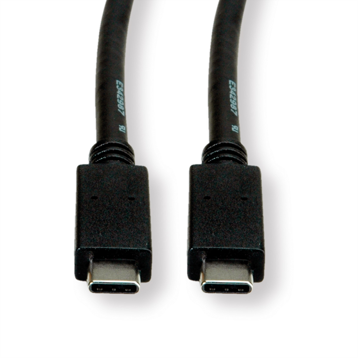 Zwei schwarze USB-C-Kabel mit Stecker, eng vor weißem Hintergrund positioniert.