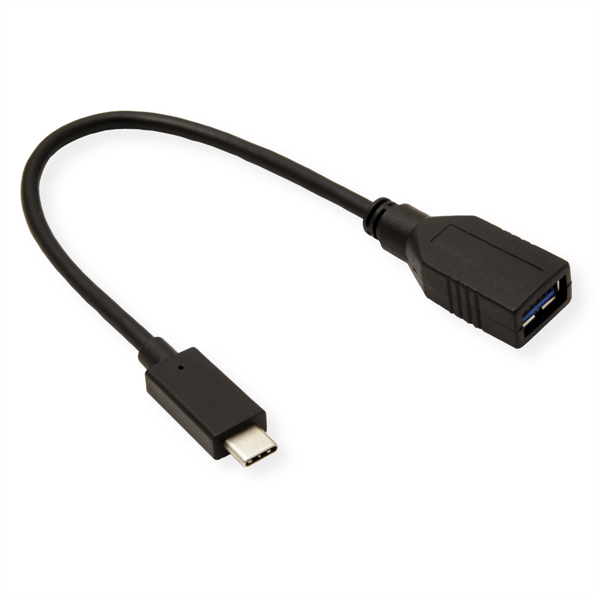 A black USB-C to USB-A adapter cable, on a white background. The cable is curved.