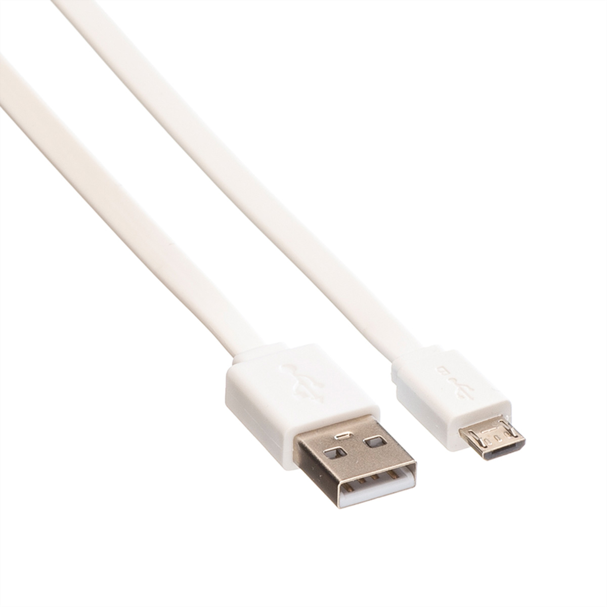 Twee witte USB naar micro-USB kabels, naast elkaar, op een witte achtergrond.
