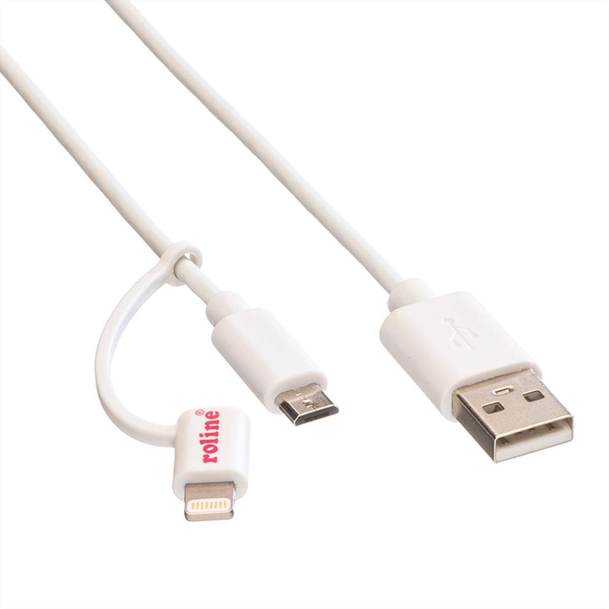 Weißes USB-Ladekabel mit drei Anschlüssen: USB, Micro-USB und Lightning.