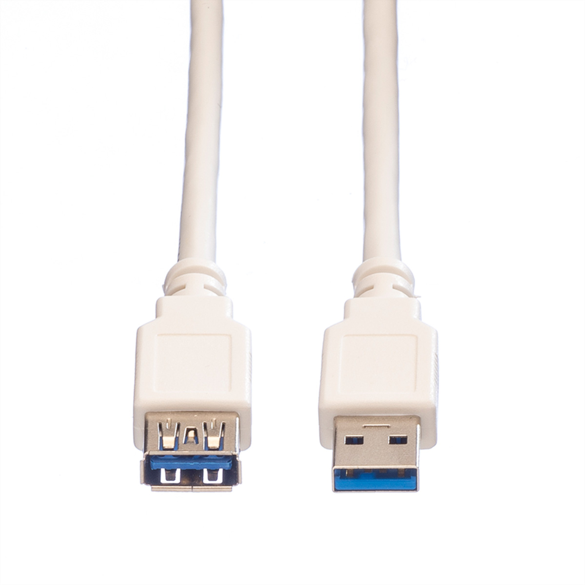 Deux câbles USB blancs, chacun avec un connecteur USB-A et USB-B, sur fond blanc.