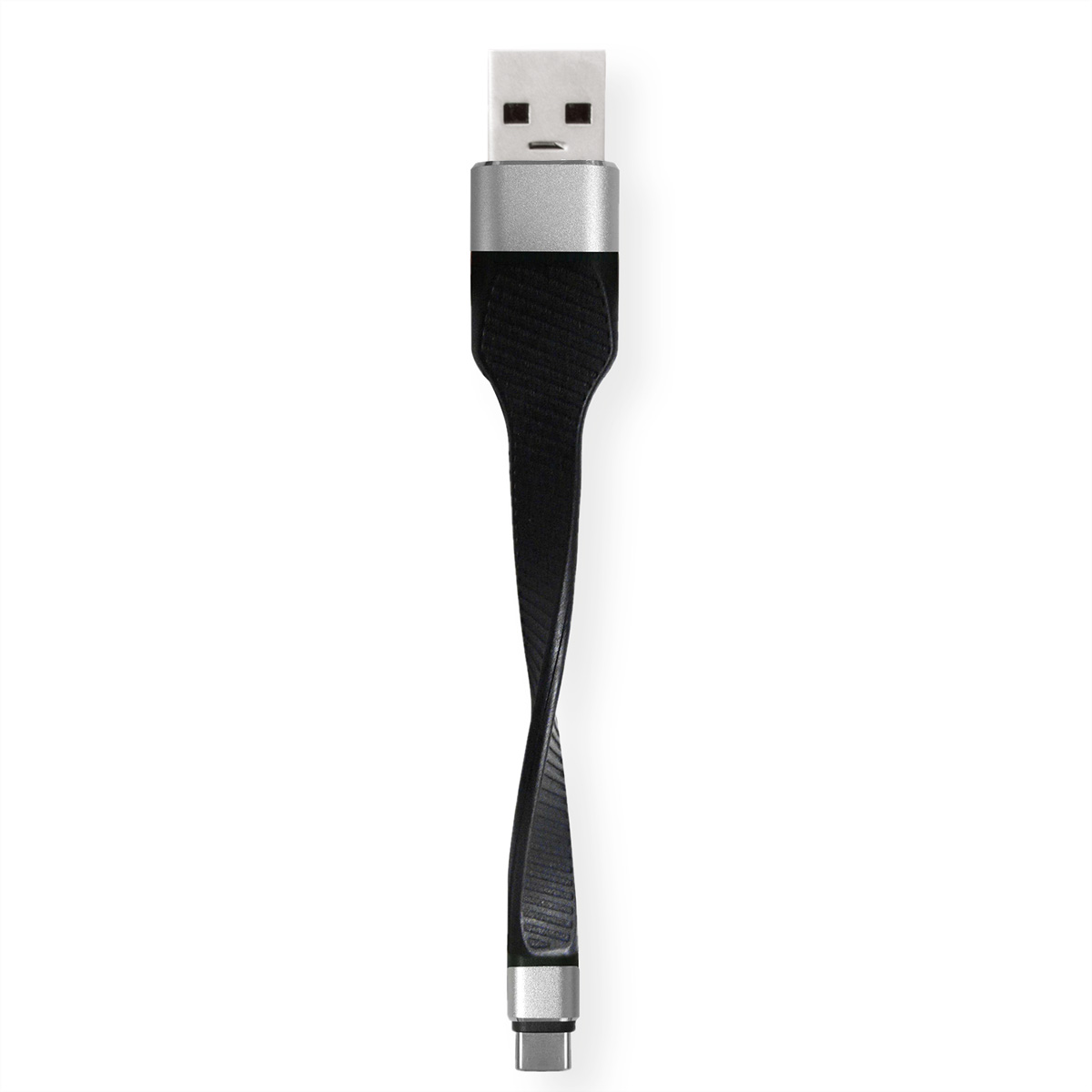 A USB cable with a silver and black connector. The cable twists in the middle.