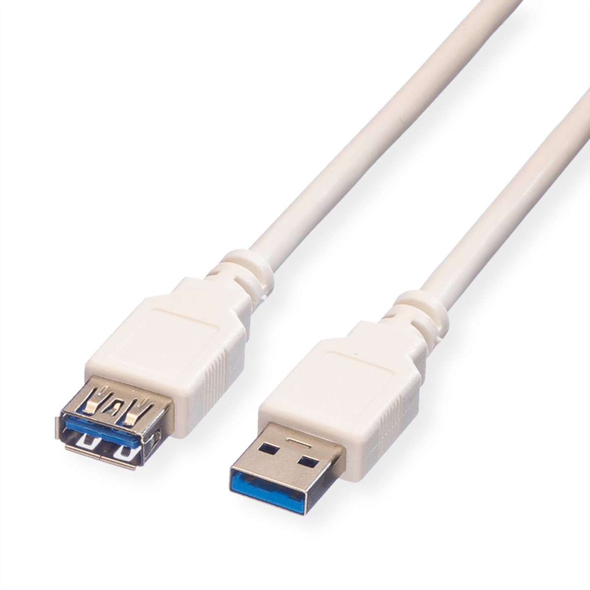 Câble USB 3.0 blanc. Connecteurs USB-A vers USB-A. Câble blanc avec intérieur bleu.
