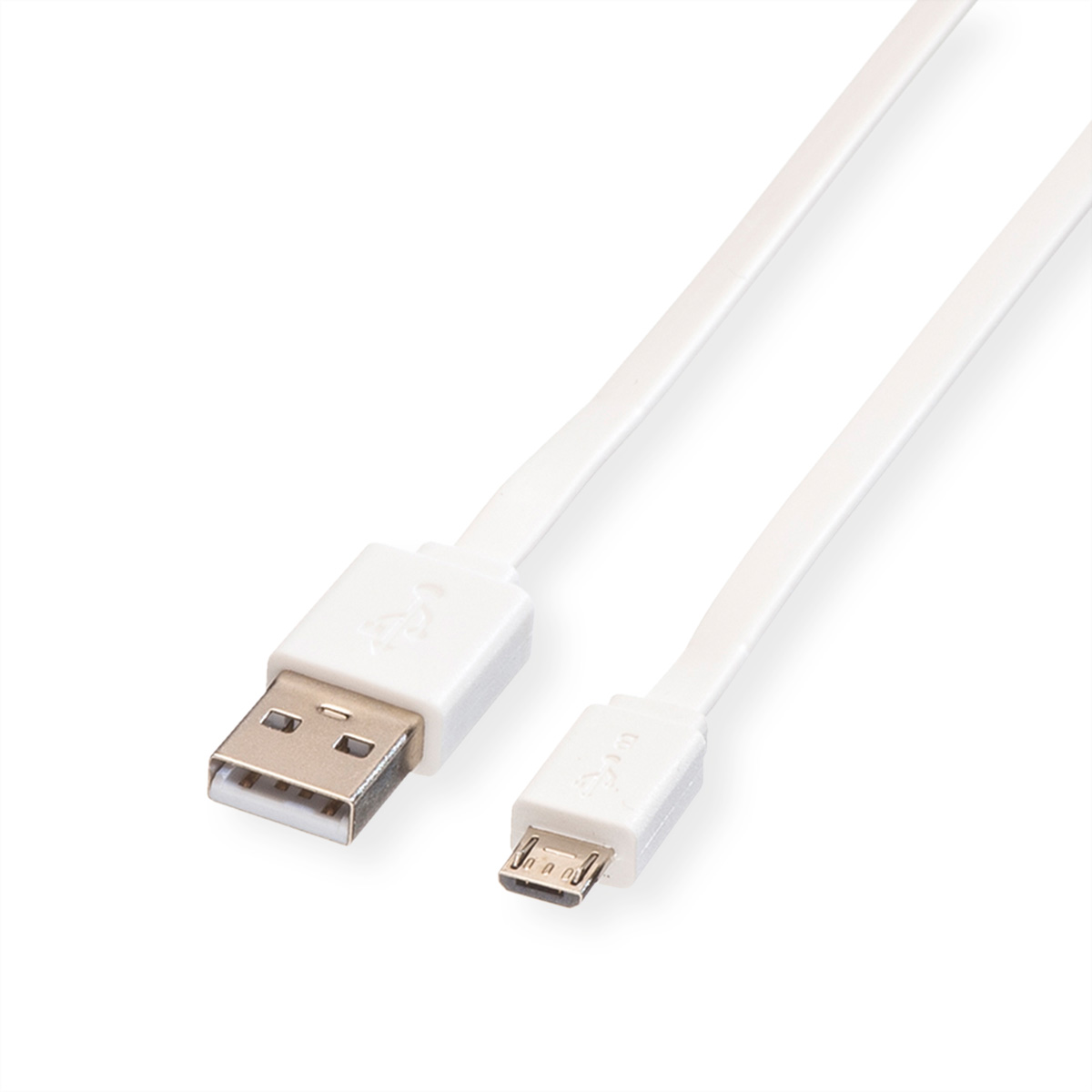 Witte USB naar Micro USB-kabel. De connectoren zijn zichtbaar. Witte achtergrond.