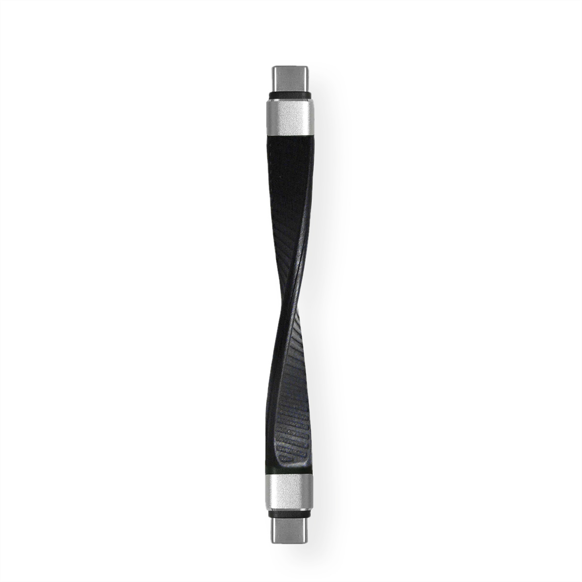 Câble USB-C noir et argenté, design torsadé, sur fond blanc.
