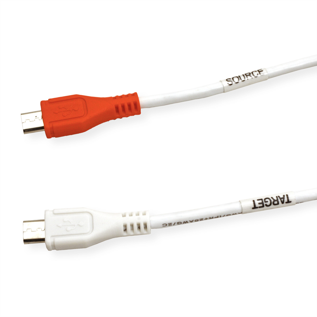 Deux câbles USB, un avec un connecteur rouge étiqueté 'SOURCE', l'autre avec un connecteur blanc étiqueté 'TARGET'.