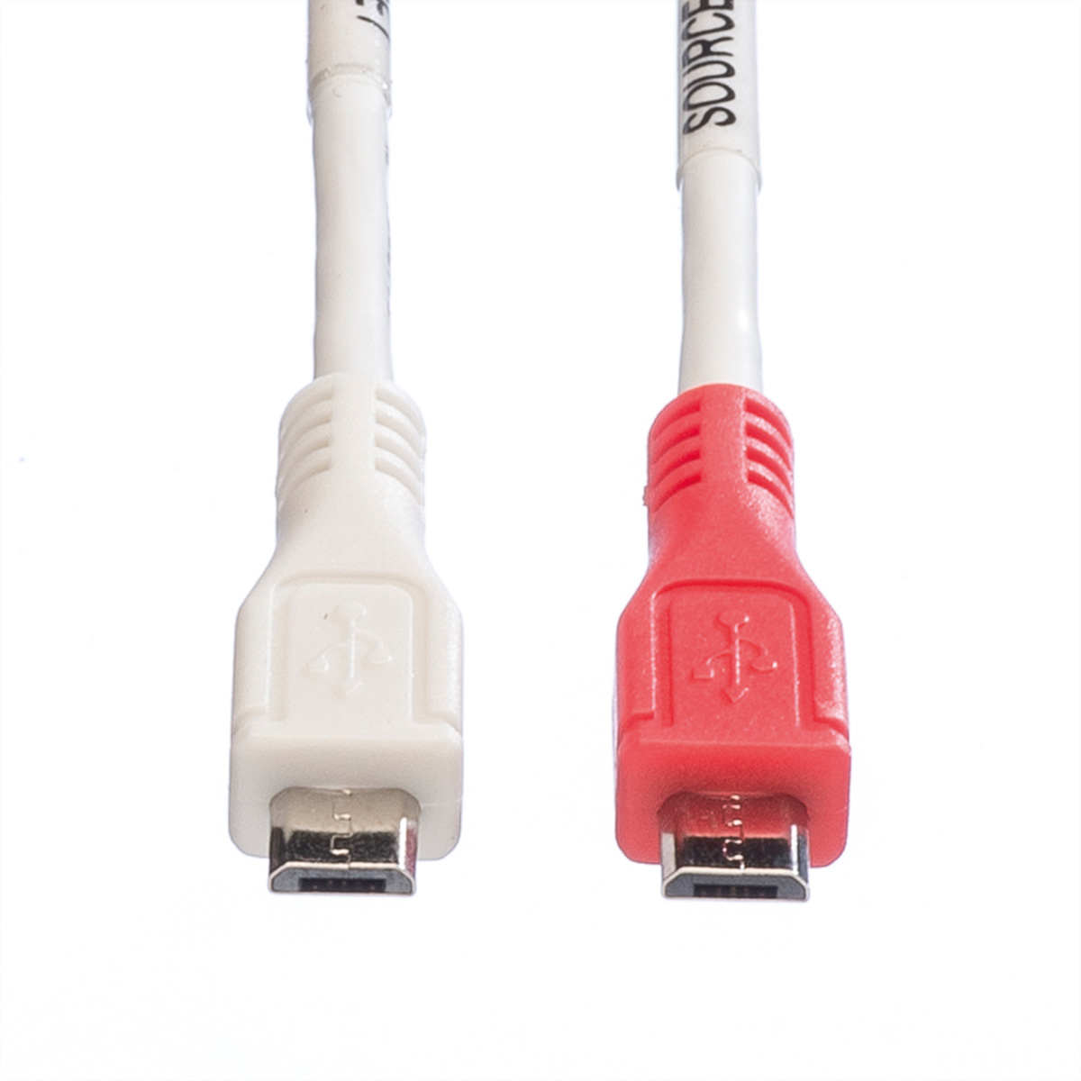 Deux câbles USB blancs et rouges avec connecteurs micro USB.
