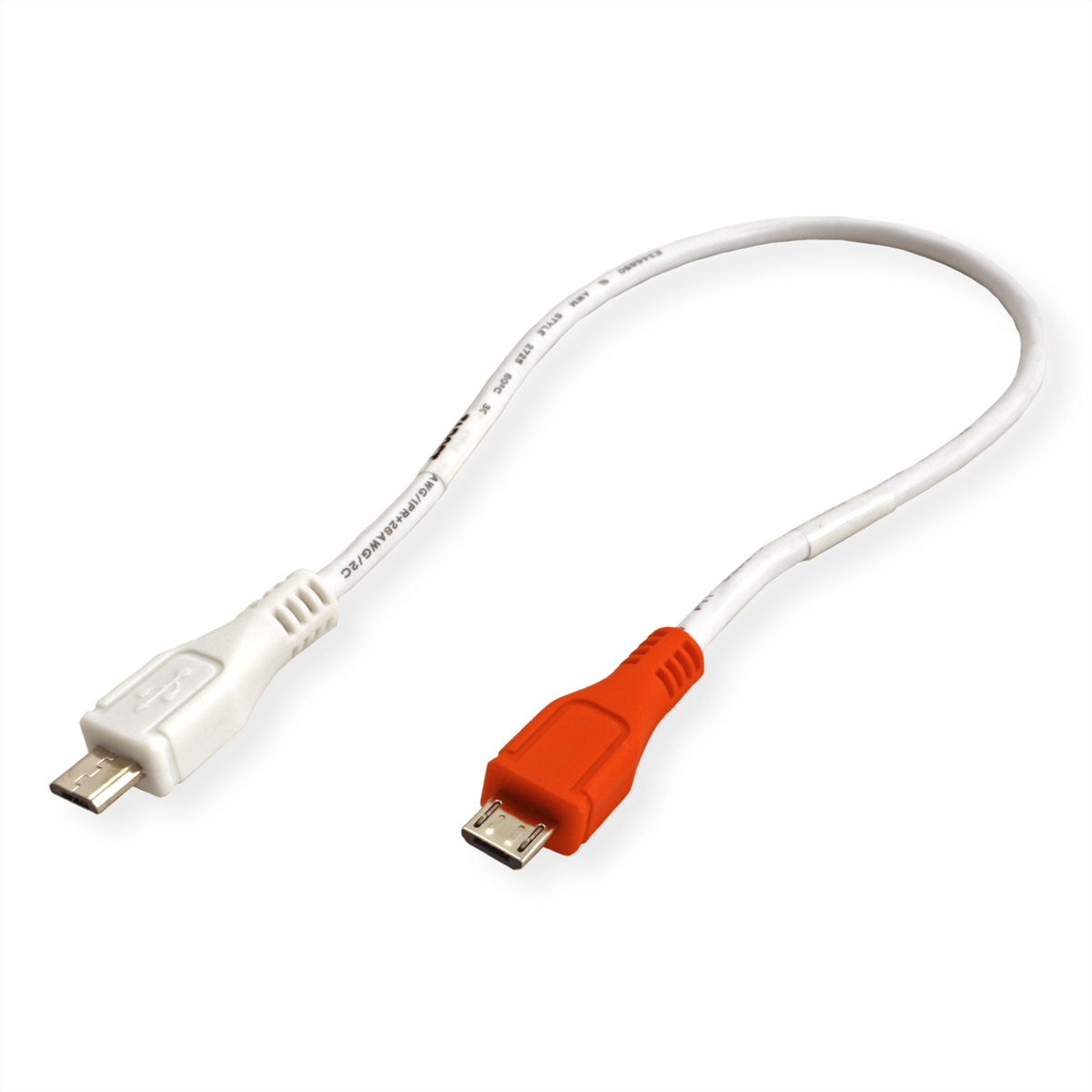 Câble USB blanc vers micro-USB orange. Le câble est flexible.