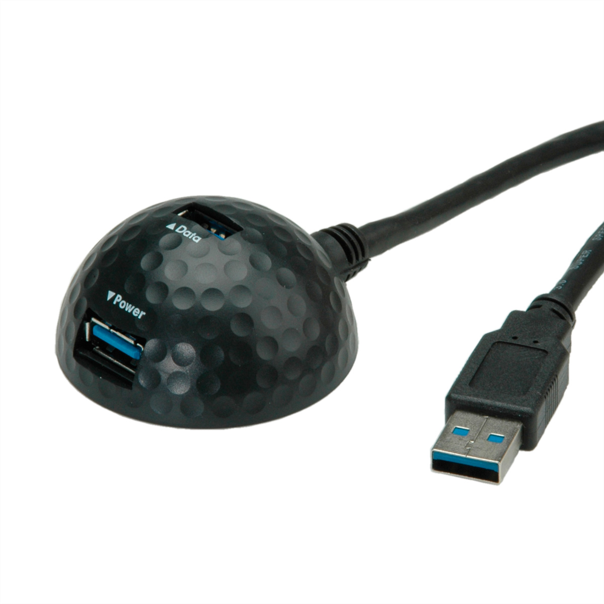 Hub USB noir avec 4 ports. Ports de données et d'alimentation.