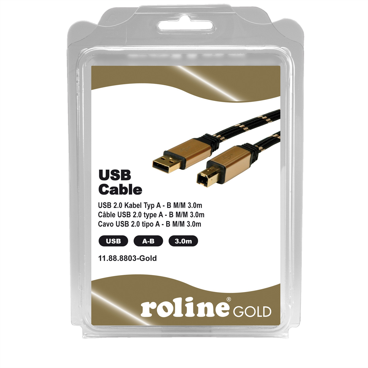 Cavo USB 2.0 in confezione trasparente, connettori dorati e cavo nero. Marchio Roline Gold.