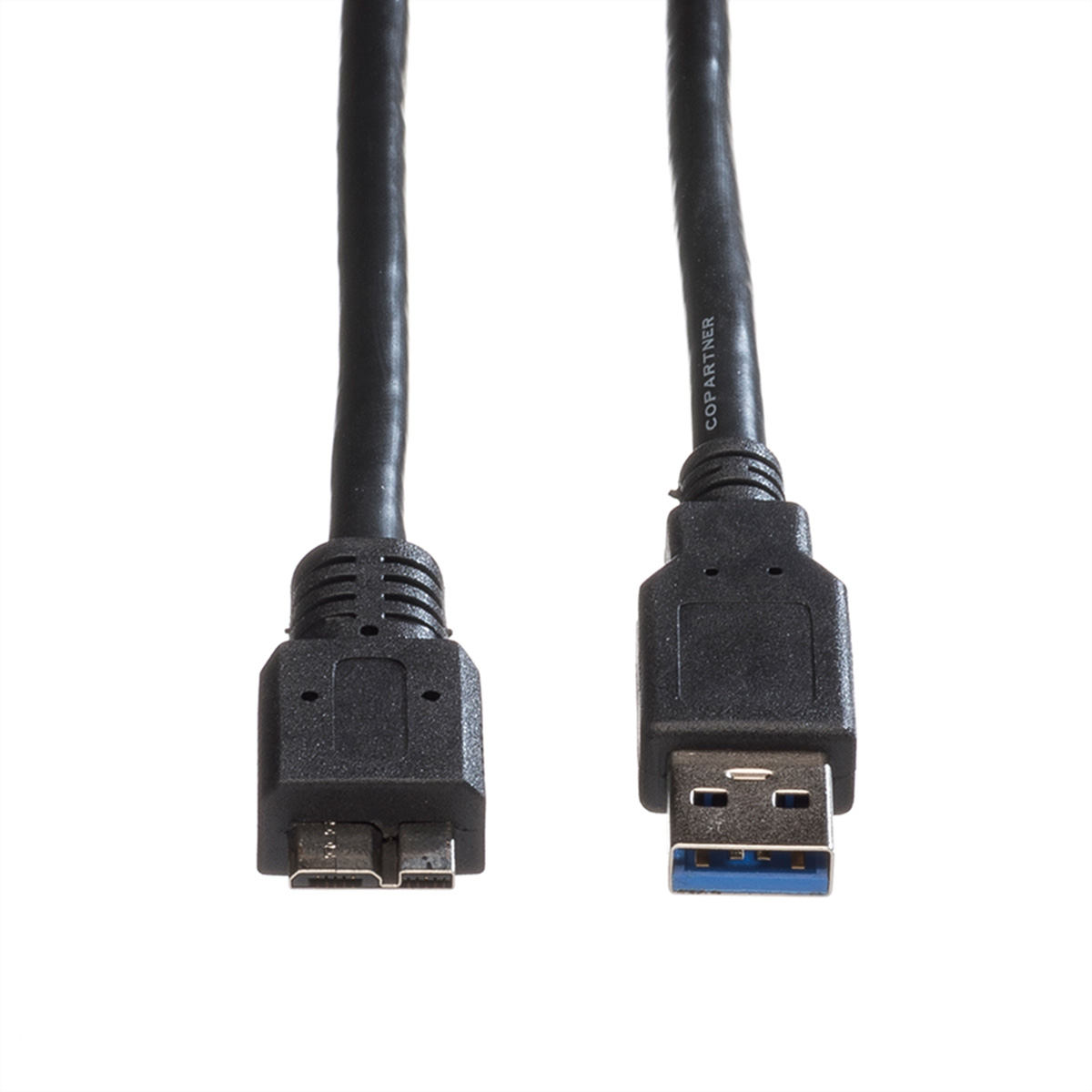 Deux câbles USB noirs. Un avec un connecteur USB-A et l'autre avec un connecteur micro-USB.