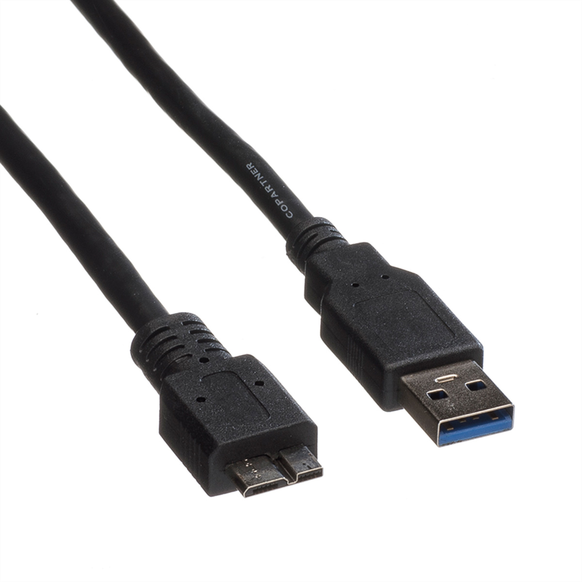 Deux câbles USB noirs, micro-USB vers USB standard, avec 'COPARTNER' imprimé sur un câble.