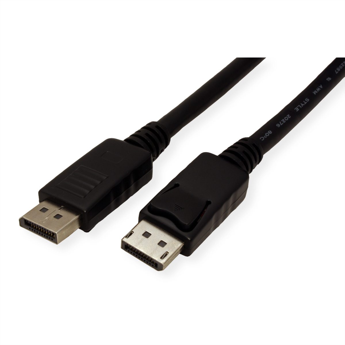 Twee zwarte DisplayPort-kabels met connectoren op een witte achtergrond.