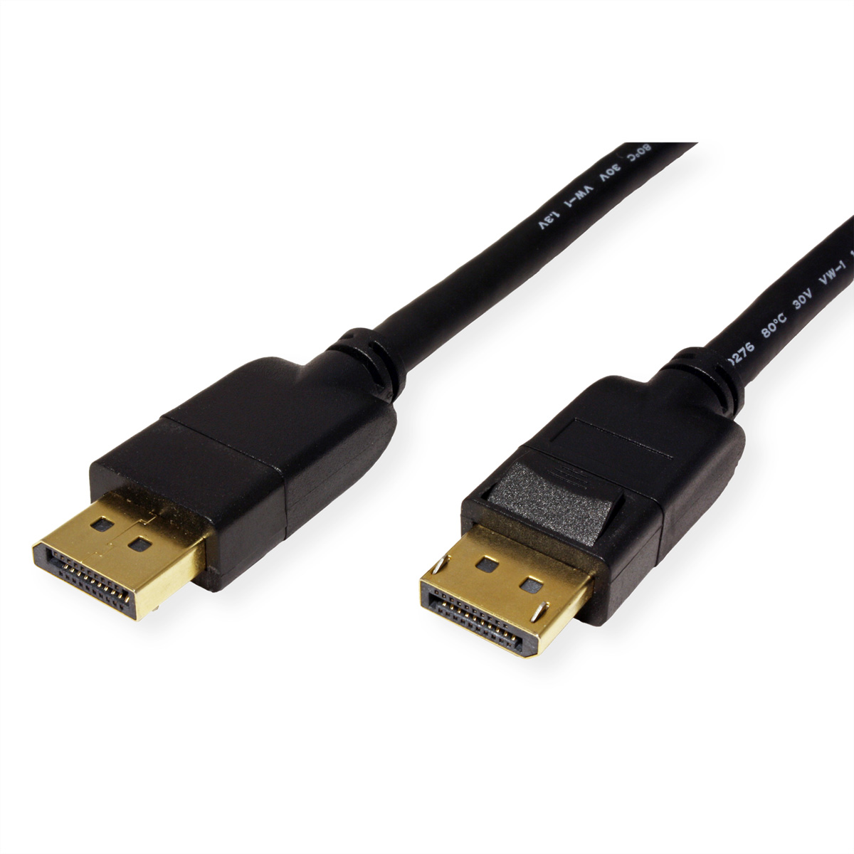 Câble DisplayPort noir avec connecteurs dorés sur fond blanc.