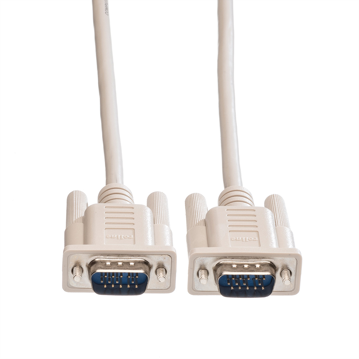 Twee grijze computerkabels met blauwe connectoren, geïsoleerd op een witte achtergrond.