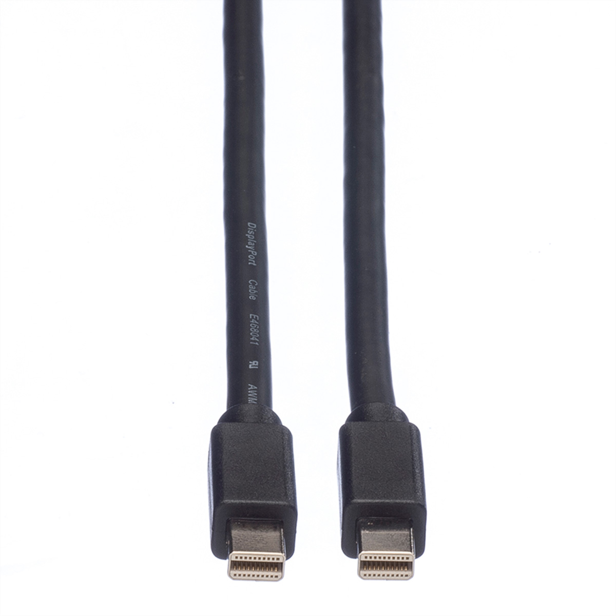 Deux câbles DisplayPort noirs avec connecteurs mâles aux extrémités, sur fond blanc.