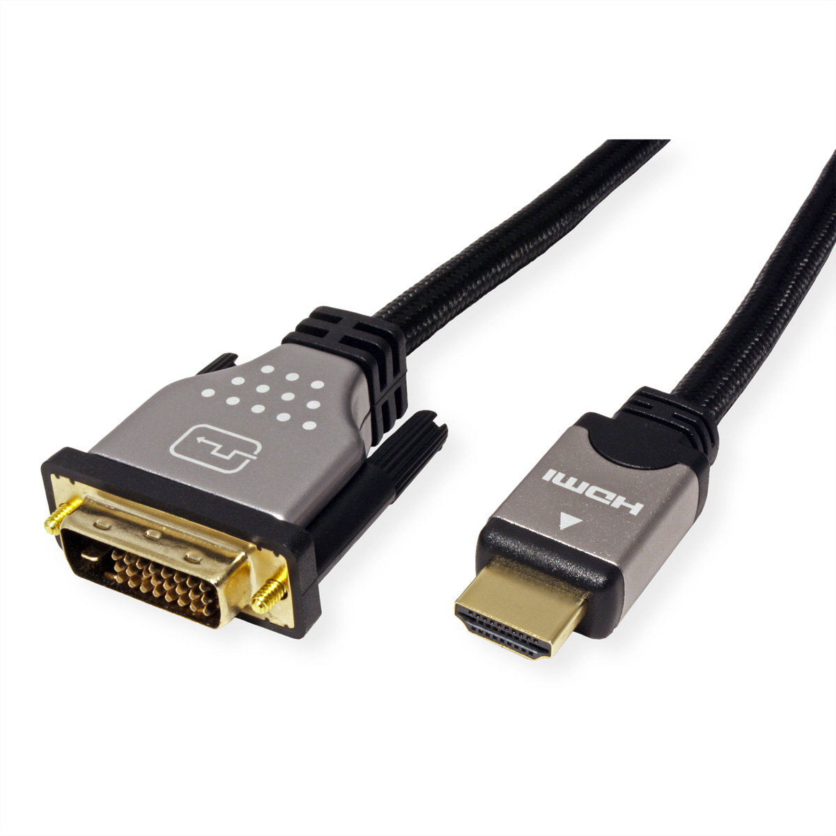 Câble HDMI vers DVI. Connecteurs noirs et argentés. Fond blanc.