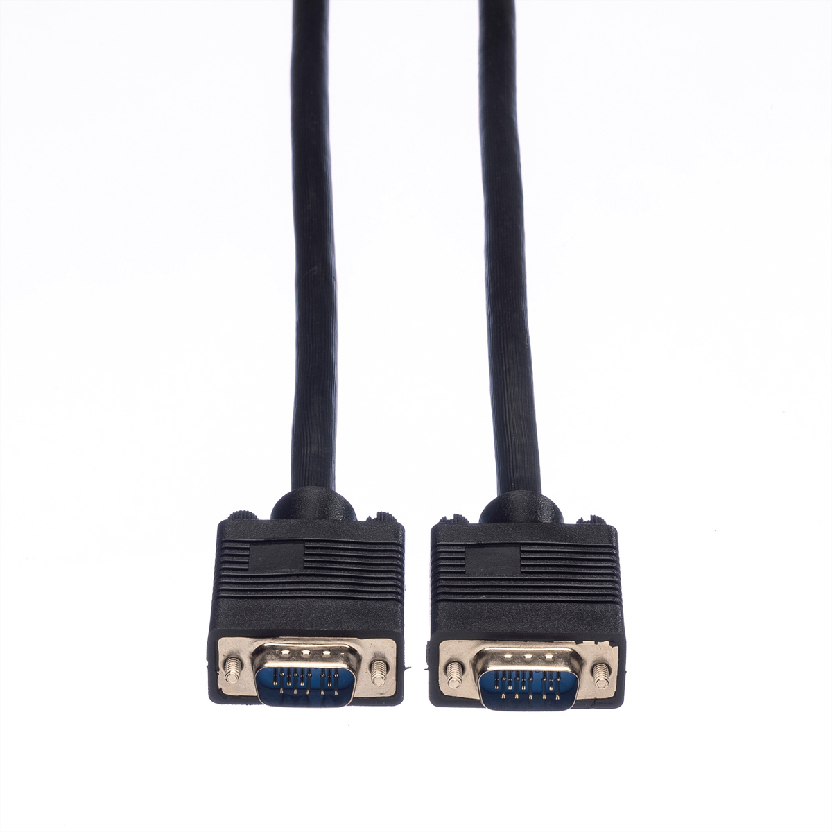 Two black VGA cables with connectors facing the viewer, against a plain white background.