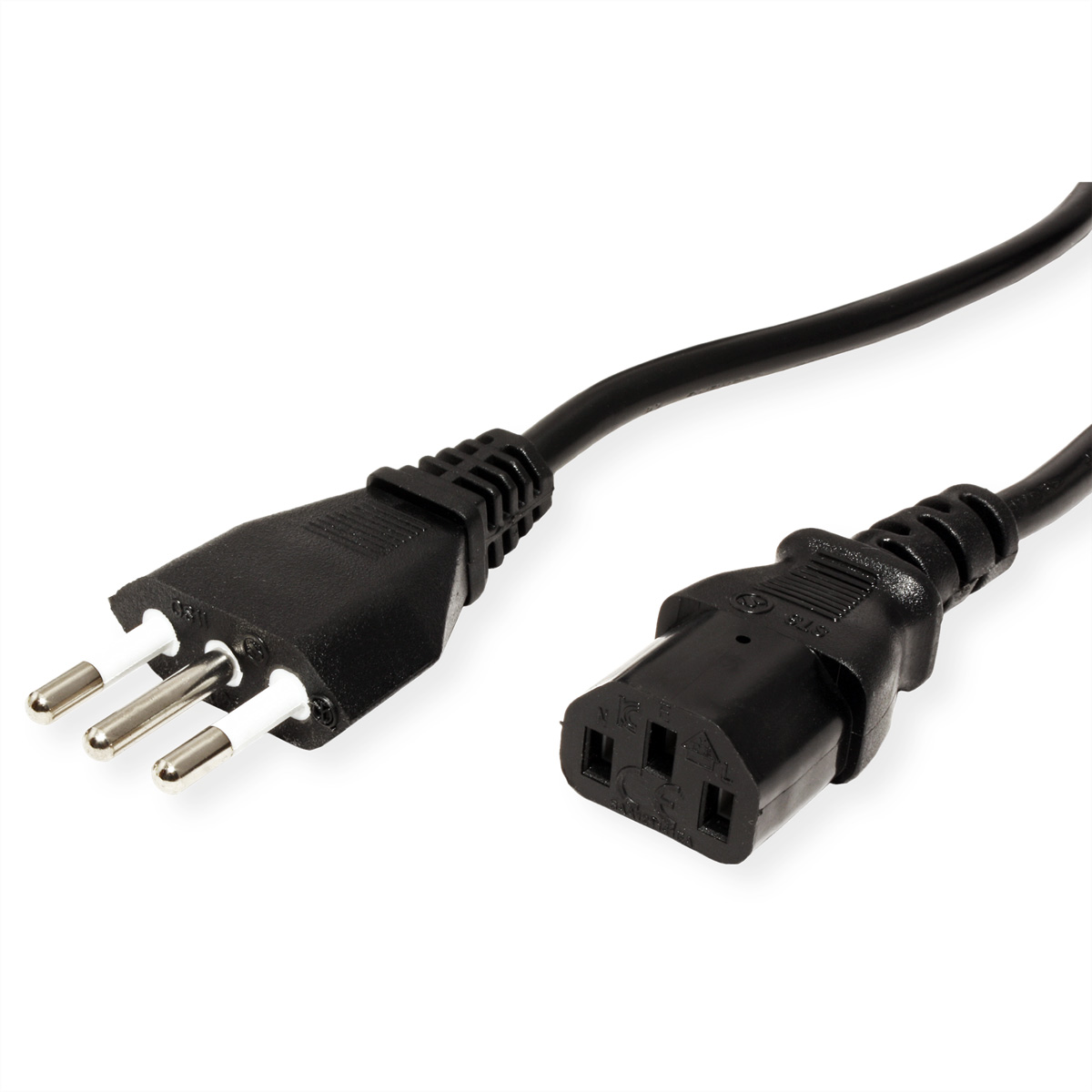 Czarny kabel zasilający z wtyczką i gniazdem C13 na białym tle.