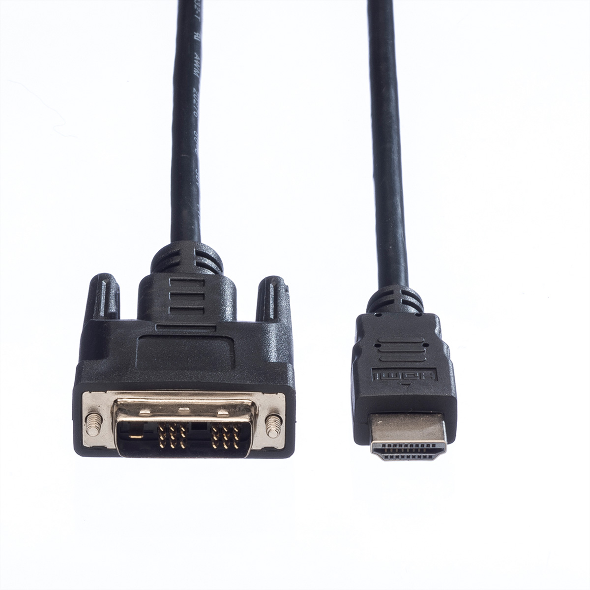 Czarny kabel DVI do HDMI. Dwa złącza. Jedno to DVI, drugie to HDMI.