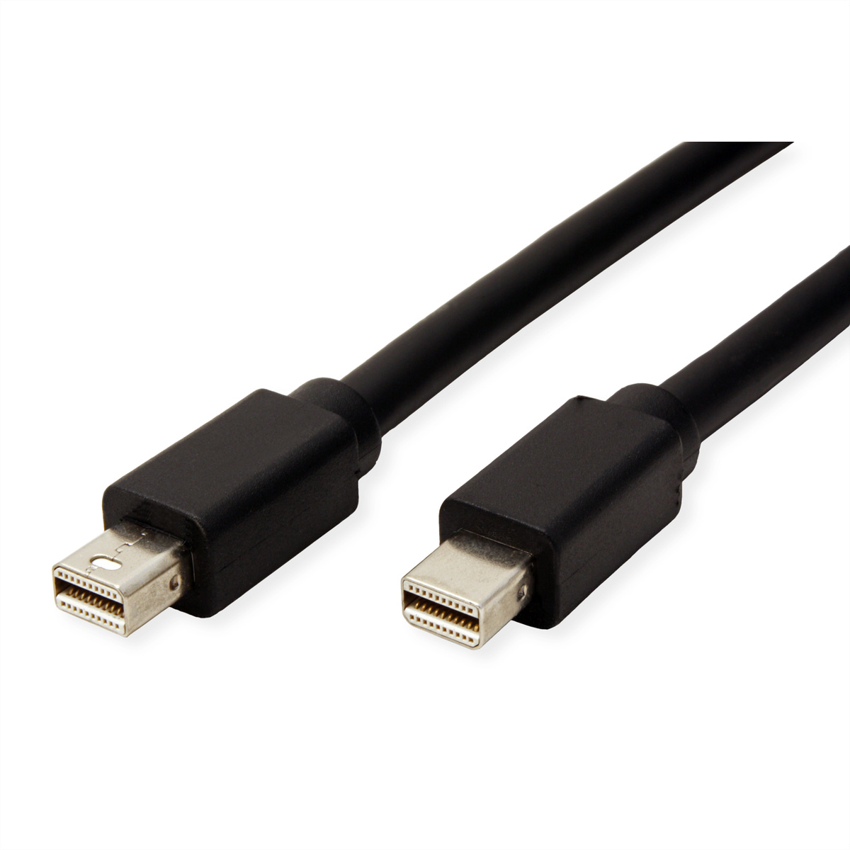 Câble Mini DisplayPort noir. Deux connecteurs, un à chaque extrémité. Fond blanc.
