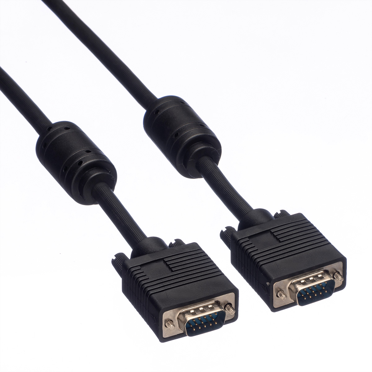 Twee zwarte VGA-kabels met blauwe connectoren op een witte achtergrond.