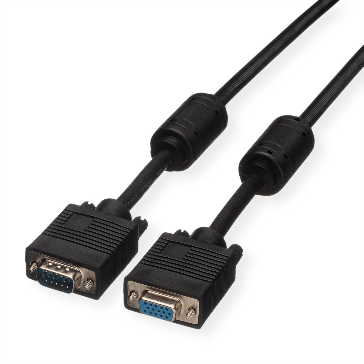 Twee zwarte VGA-kabels met connectoren op een witte achtergrond.
