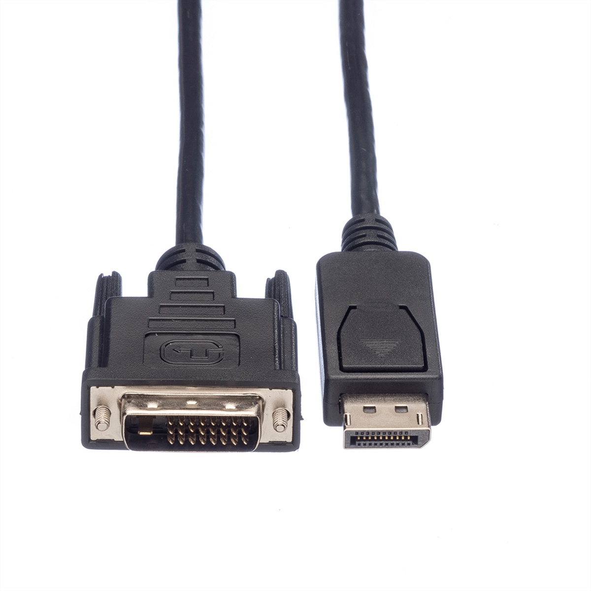 Czarny kabel DVI do DisplayPort. Złącze DVI po lewej, DisplayPort po prawej, białe tło.