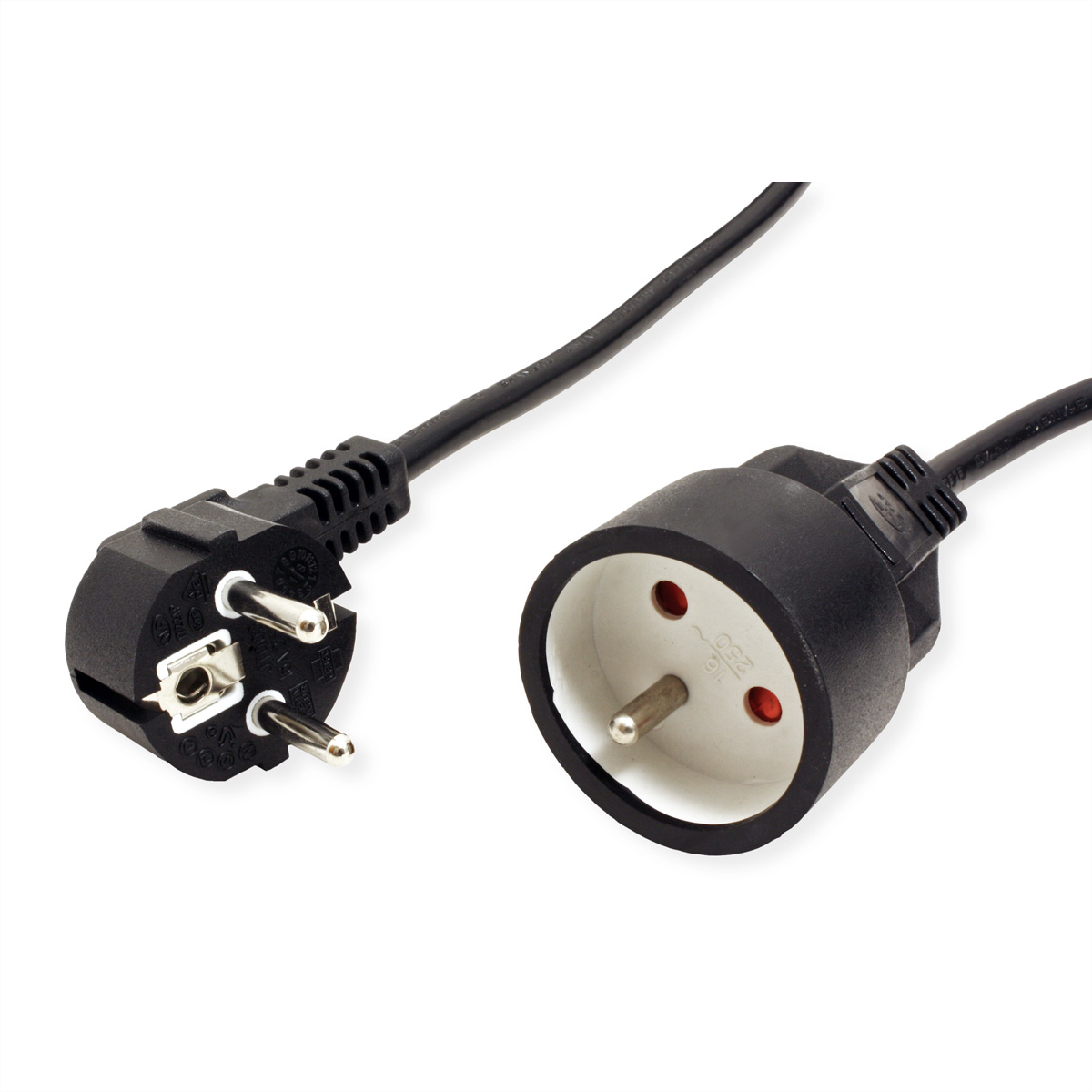 Zwarte stekker en stopcontact met zwarte kabel, geïsoleerd op witte achtergrond.