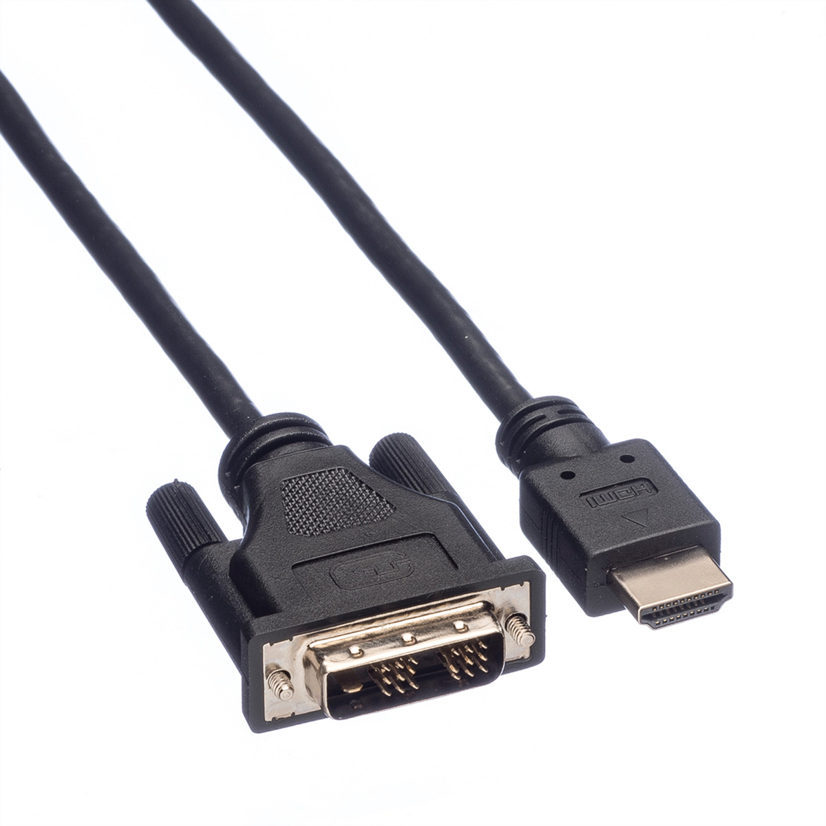 Schwarzes Kabel mit DVI- und HDMI-Anschluss. Weißer Hintergrund.