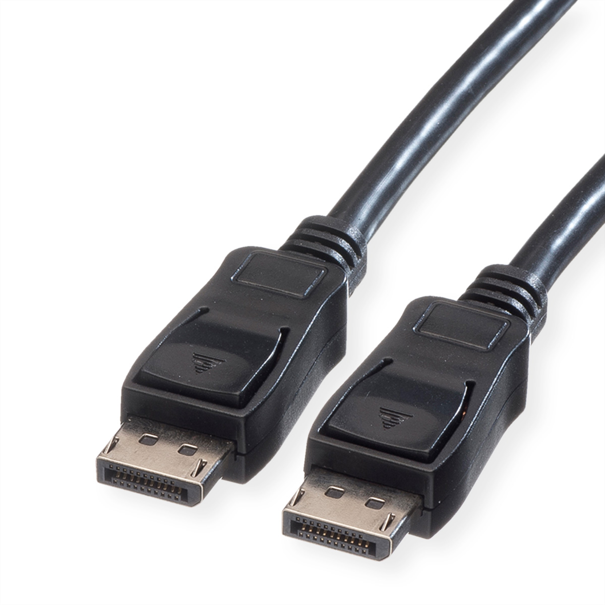 Twee zwarte DisplayPort-kabels met zwarte connectoren, witte achtergrond.