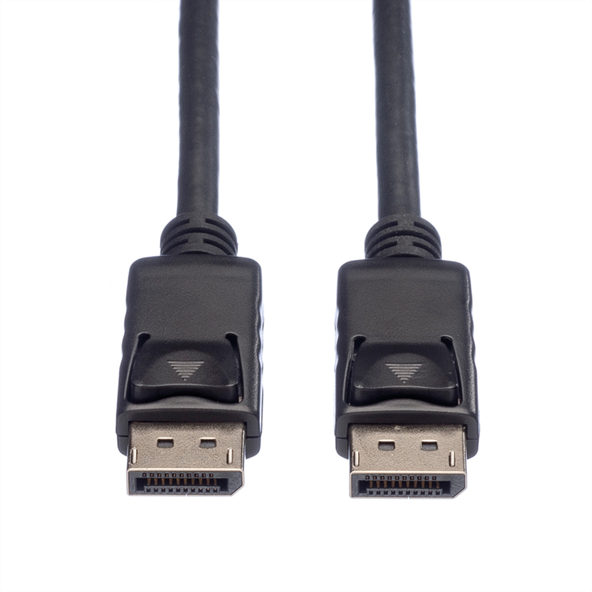 Twee zwarte DisplayPort-kabels met zwarte connectoren. Ze staan op een witte achtergrond.