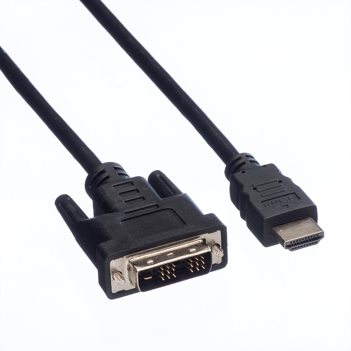 Czarny kabel HDMI do DVI ze złączami, na białym tle.