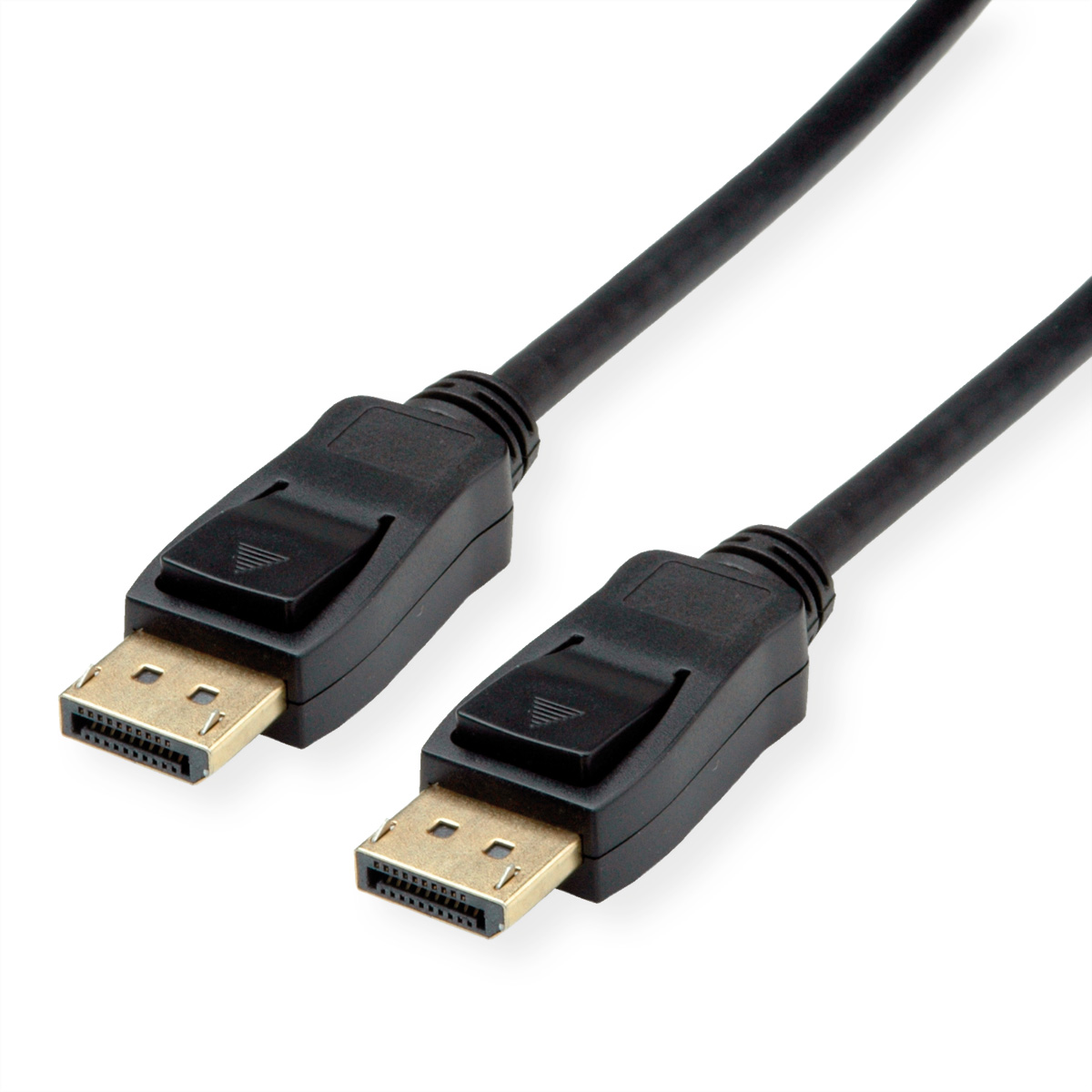 Deux câbles DisplayPort noirs avec connecteurs sur fond blanc.