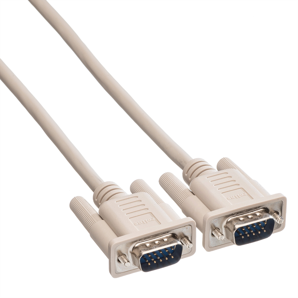 Twee grijze VGA-kabels met beige connectoren, op een witte achtergrond, schuin van linksboven.