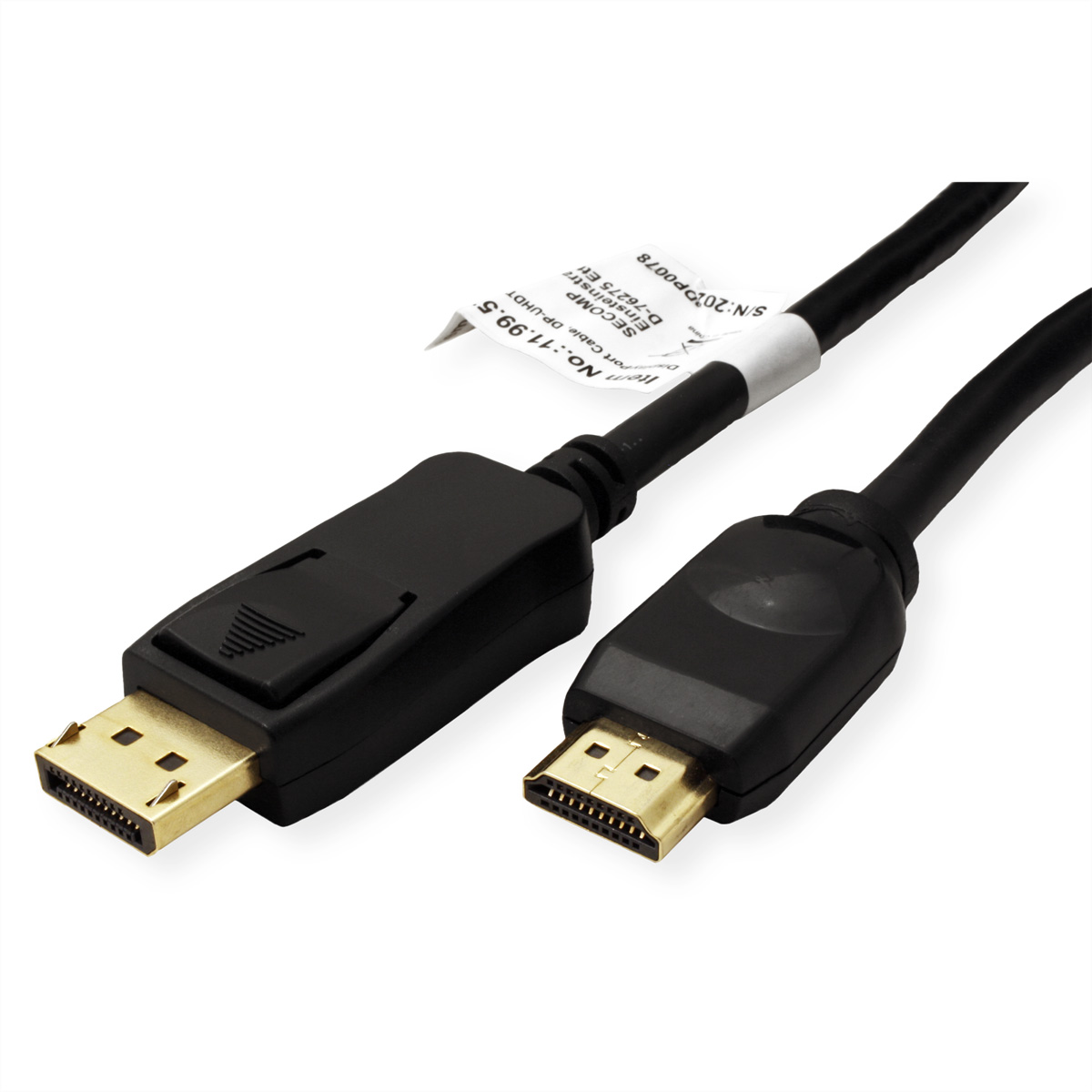 Câble DisplayPort vers HDMI noir sur fond blanc.