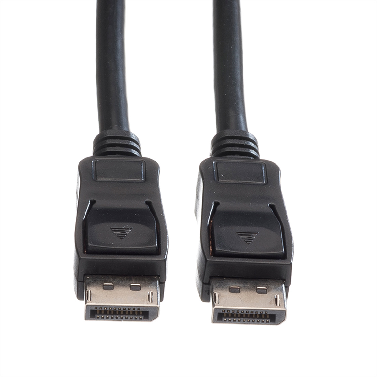 Zwarte kabel met DisplayPort-connectoren. Witte achtergrond.
