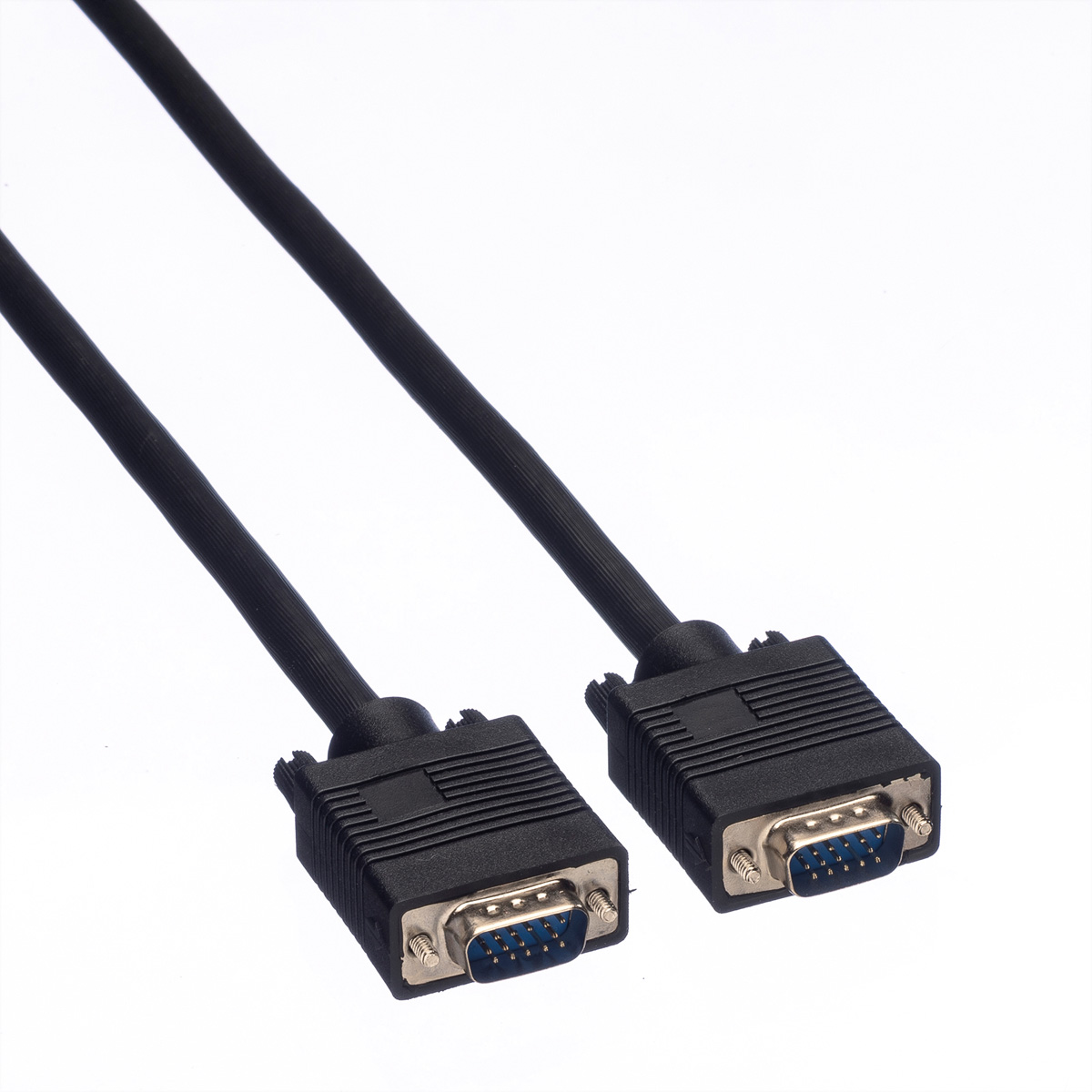 Two black VGA cables with blue connectors on a white background.