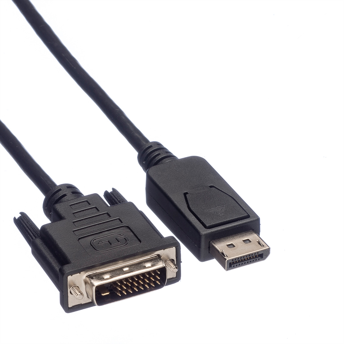 Czarny kabel DVI do DisplayPort, ze złączami na obu końcach, na białym tle.