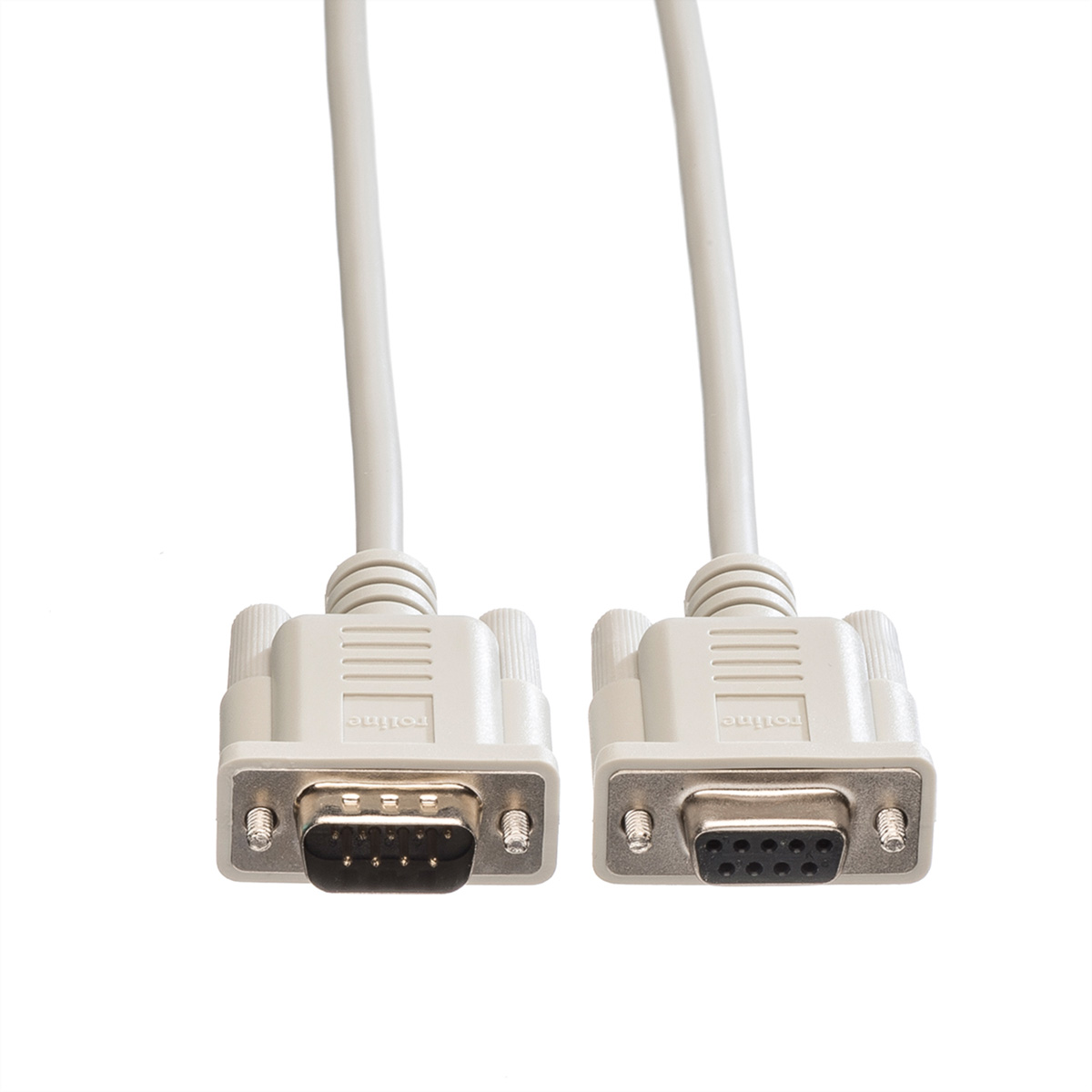 Two gray serial cables with male connectors on a white background. The connectors have pins.