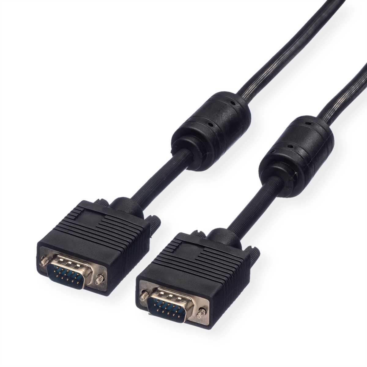 Twee zwarte VGA-kabels met zwarte connectoren op een witte achtergrond.