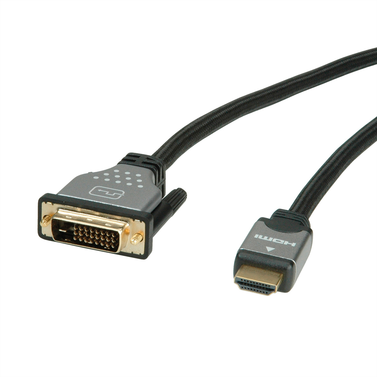 Câbles HDMI et DVI avec connecteurs argentés sur fond blanc.