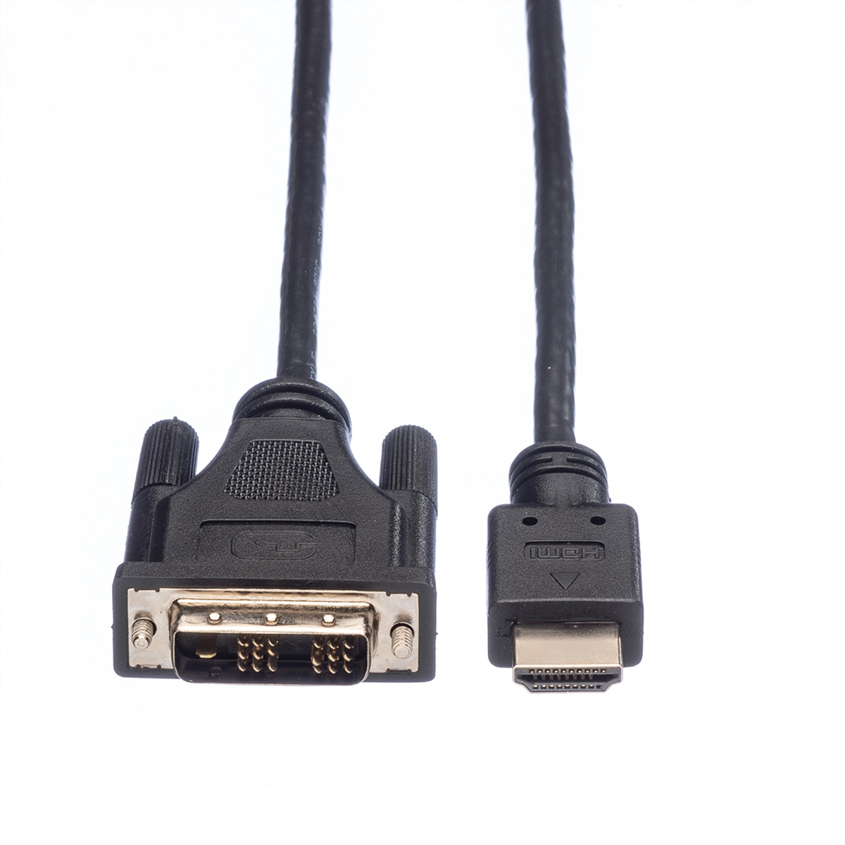Ein schwarzes DVI-zu-HDMI-Kabel, Anschlüsse an jedem Ende, weißer Hintergrund.