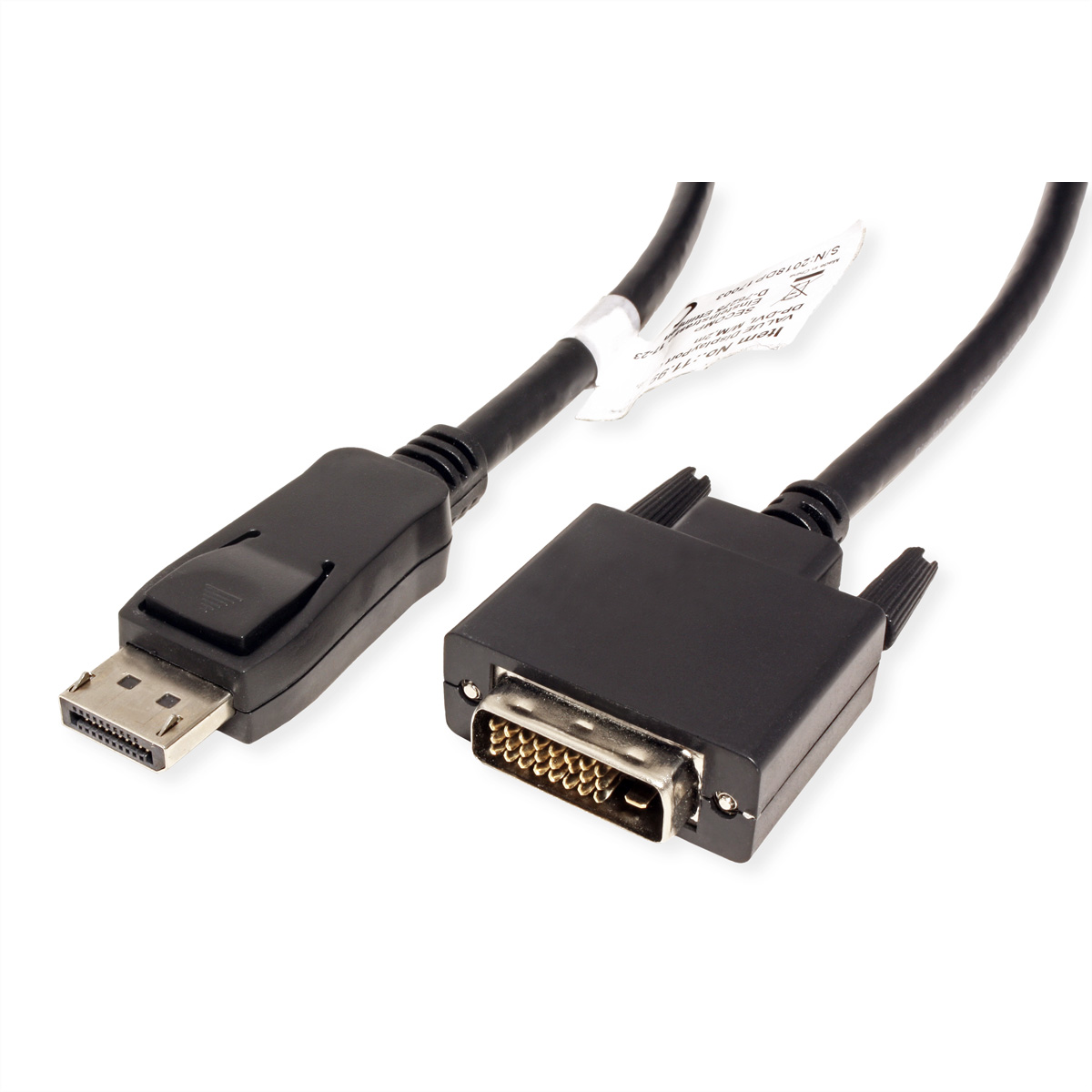 Czarny kabel z złączem DisplayPort i DVI. Biała etykieta przymocowana do kabla.