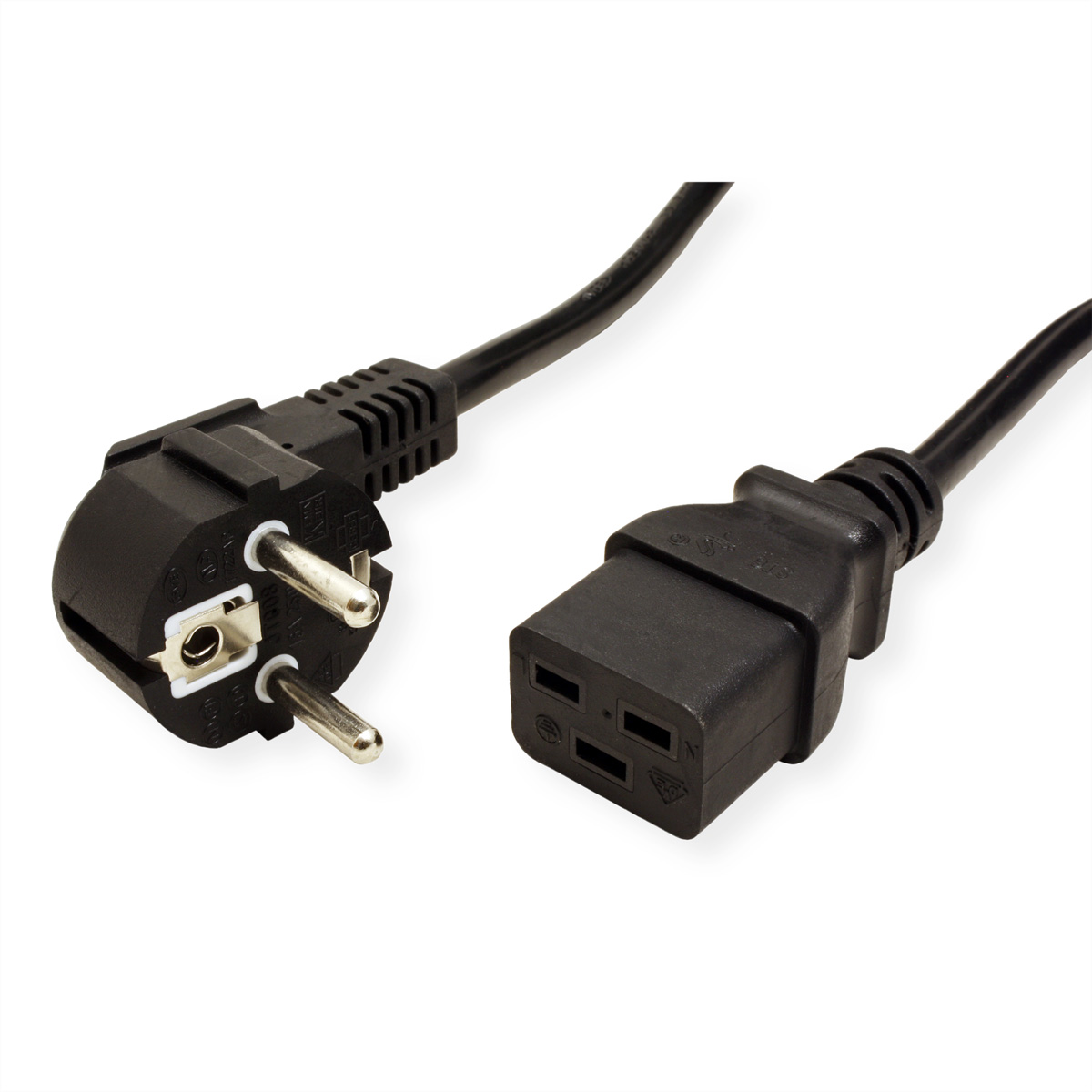 Czarny kabel zasilający z wtyczką trójbolcową i złączem IEC na białym tle.