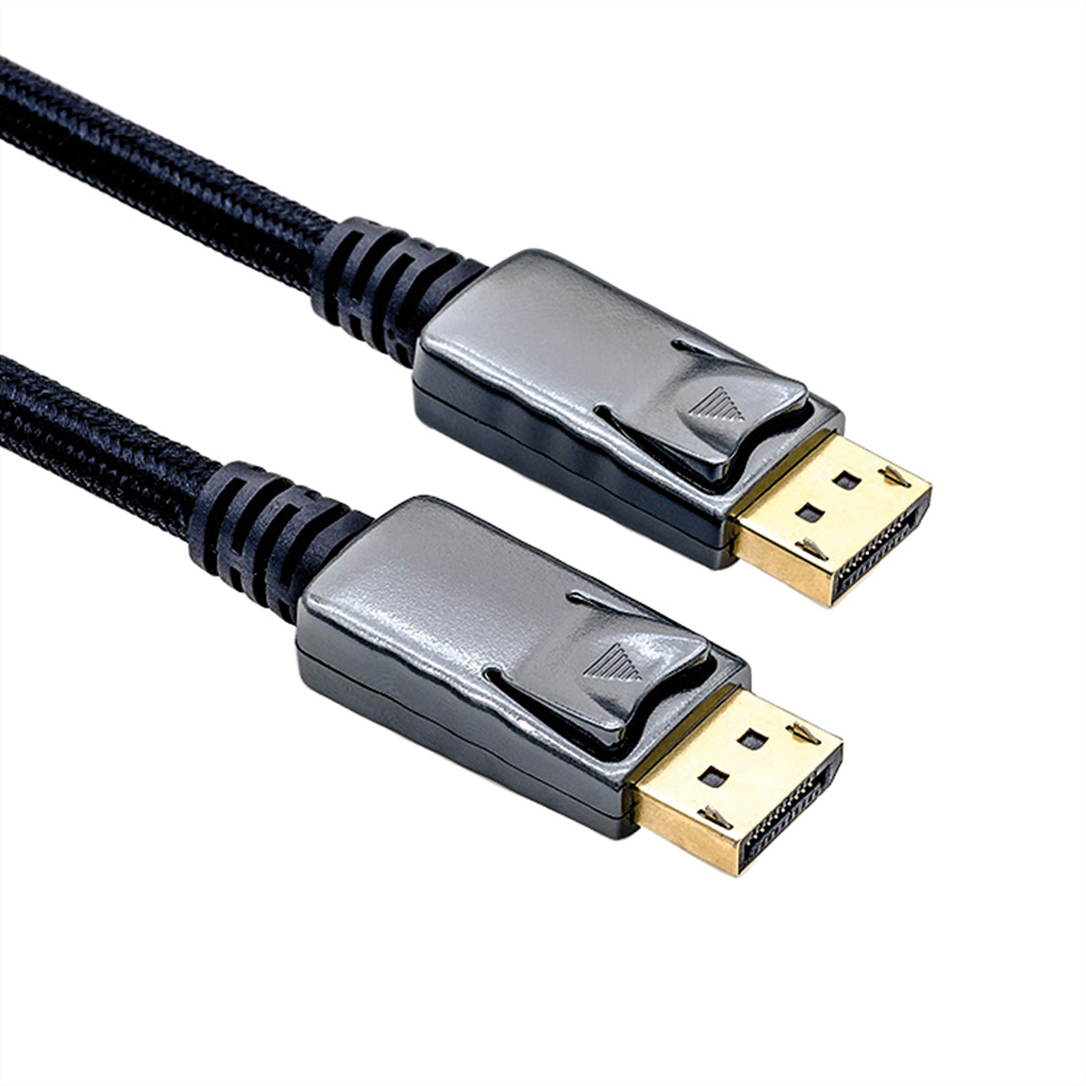 Zwarte DisplayPort kabel met DisplayPort connectoren. Witte achtergrond.