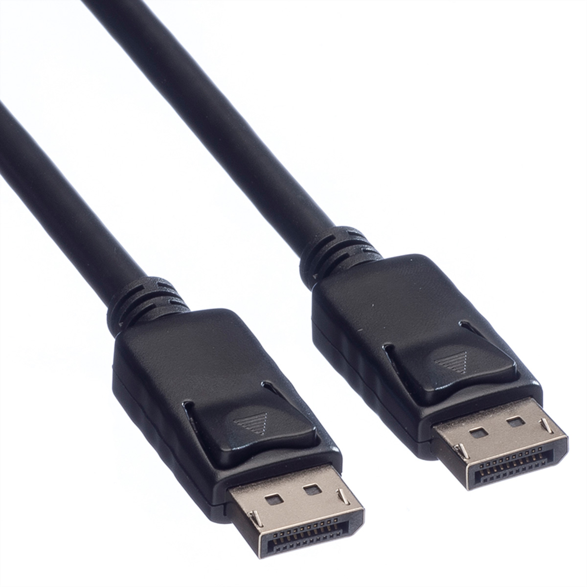 Zwarte DisplayPort-kabel met connectoren op witte achtergrond. De kabel is schuin.