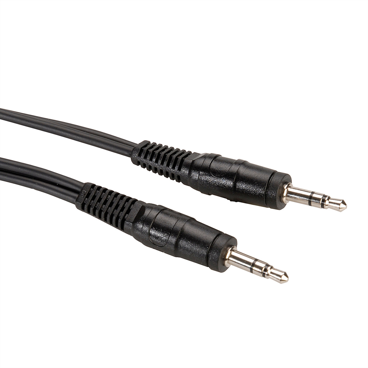 Zwei schwarze Audiokabel mit 3,5-mm-Klinkensteckern, isoliert auf weißem Hintergrund.