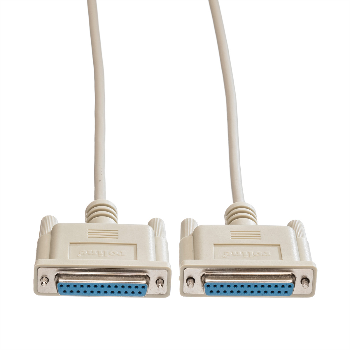 Two beige serial cable connectors. Blue pins. White background.